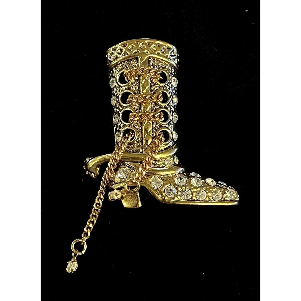 Vintage Gold Tone Cowboy Boot Brooch w/ Spurs Rhinestones & Lace Chain Accents